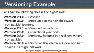 Versioning Example
146
Let’s say the following releases of a gem exist:

■Version 2.1.0 — Baseline

■Version 2.2.0 — Introduced some new (backward
compatible) features.

■Version 2.2.1 — Removed some bugs

■Version 2.2.2 — Streamlined your code

■Version 2.3.0 — More new features (but still backwards
compatible).

■Version 3.0.0 — Reworked the interface. Code written to
version 2.x might not work.

http://guides.rubygems.org/patterns/#semantic_versioning
 
