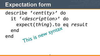 Expectation form
160
describe	
  ‘<entity>’	
  do	
  
	
  	
  it	
  ‘<description>’	
  do	
  
	
  	
  	
  	
  expect(thing).to	
  eq	
  result	
  
	
  	
  end	
  
end
This is new syntax
 