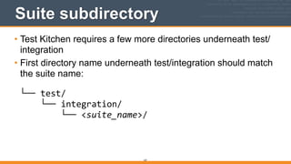 167
Suite subdirectory
• Test Kitchen requires a few more directories underneath test/
integration
• First directory name underneath test/integration should match
the suite name: 
 
└──	
  test/ 
	
  	
  	
  	
  └──	
  integration/ 
	
  	
  	
  	
  	
  	
  	
  	
  └──	
  <suite_name>/ 
 
 
 