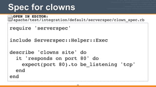 Spec for clowns
182
require 'serverspec'!
!
include Serverspec::Helper::Exec!
!
describe 'clowns site' do!
it 'responds on port 80' do!
expect(port 80).to be_listening 'tcp'!
end!
end
OPEN IN EDITOR:
apache/test/integration/default/serverspec/clown_spec.rb
 
