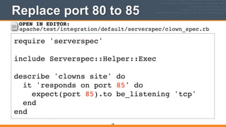 Replace port 80 to 85
188
require 'serverspec'!
!
include Serverspec::Helper::Exec!
!
describe 'clowns site' do!
it 'responds on port 85' do!
expect(port 85).to be_listening 'tcp'!
end!
end
OPEN IN EDITOR:
apache/test/integration/default/serverspec/clown_spec.rb
 
