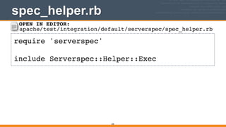 spec_helper.rb
200
require 'serverspec'!
!
include Serverspec::Helper::Exec
OPEN IN EDITOR:
apache/test/integration/default/serverspec/spec_helper.rb
 