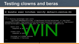 $ bundle exec kitchen verify default-centos-64
Testing clowns and beras
...!
----> Running serverspec test suite!
/opt/chef/embedded/bin/ruby -I/tmp/busser/suites/serverspec -S /opt/chef/
embedded/bin/rspec /tmp/busser/suites/serverspec/localhost/bear_spec.rb /tmp/busser/
suites/serverspec/localhost/clown_spec.rb --color --format documentation!
!
bears site!
response on port 81!
!
clowns site!
responds on port 80!
!
Finished in 0.00889 seconds!
2 examples, 0 failures!
...
204
WIN
 