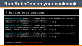 $ bundle exec rubocop
Run RuboCop on your cookbook
attributes/default.rb:3:19: C: Prefer single-quoted strings when you don't
need string interpolation or special symbols.!
default["apache"]["sites"]["bears"] = { "port" => 81 }!
^^^^^^^!
attributes/default.rb:3:28: C: Prefer single-quoted strings when you don't
need string interpolation or special symbols.!
default["apache"]["sites"]["bears"] = { "port" => 81 }!
^^^^^^^!
attributes/default.rb:3:41: C: Prefer single-quoted strings when you don't
need string interpolation or special symbols.!
default["apache"]["sites"]["bears"] = { "port" => 81 }!
^^^^^^!
!
7 files inspected, 52 offenses detected
259
 