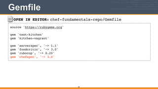 OPEN IN EDITOR: chef-fundamentals-repo/Gemfile
source 'https://rubygems.org'!
!
gem 'test-kitchen'!
gem 'kitchen-vagrant'!
!
gem 'serverspec', '~> 1.1'!
gem 'foodcritic', '~> 3.0'!
gem 'rubocop', '~> 0.20'!
gem 'chefspec', '~> 3.4'
Gemfile
285
 