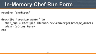 In-Memory Chef Run Form
290
require	
  ‘chefspec’	
  
!
describe	
  ‘<recipe_name>’	
  do	
  
	
  	
  chef_run	
  =	
  ChefSpec::Runner.new.converge(<recipe_name>)	
  
	
  	
  <descriptions	
  here>	
  
end
 