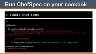 $ bundle exec rspec
Run ChefSpec on your cookbok
F!
!
Failures:!
!
1) apache::default installs apache2!
Failure/Error: expect(chef_run).to install_package('badhttpd')!
expected "package[badhttpd]" with action :install to be in Chef run. Other
package resources:!
!
package[httpd]!
!
# ./spec/default_spec.rb:7:in `block (2 levels) in <top (required)>'!
!
Finished in 0.00044 seconds!
1 example, 1 failure
310
 