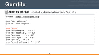 OPEN IN EDITOR: chef-fundamentals-repo/Gemfile
source 'https://rubygems.org'!
!
gem 'test-kitchen'!
gem 'kitchen-vagrant'!
!
gem 'rake'!
gem 'serverspec', '~> 1.1'!
gem 'foodcritic', '~> 3.0'!
gem 'rubocop', '~> 0.20'!
gem 'chefspec', '~> 3.4'!
gem 'guard', '~> 2.6'!
gem 'guard-rubocop', '~> 1.1'
Gemfile
358
 
