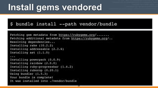 $ bundle install --path vendor/bundle
Install gems vendored
Fetching gem metadata from https://rubygems.org/.......!
Fetching additional metadata from https://rubygems.org/..!
Resolving dependencies...!
Installing rake (10.2.2)!
Installing addressable (2.3.6)!
Installing ast (1.1.0)!
...!
Installing powerpack (0.0.9)!
Installing rainbow (2.0.0)!
Installing ruby-progressbar (1.4.2)!
Installing rubocop (0.20.1)!
Using bundler (1.5.3)!
Your bundle is complete!!
It was installed into ./vendor/bundle
389
 