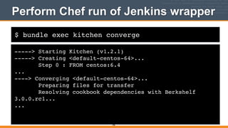 $ bundle exec kitchen converge
Perform Chef run of Jenkins wrapper
-----> Starting Kitchen (v1.2.1)!
-----> Creating <default-centos-64>...!
Step 0 : FROM centos:6.4!
...!
----> Converging <default-centos-64>...!
Preparing files for transfer!
Resolving cookbook dependencies with Berkshelf
3.0.0.rc1...!
...
396
 