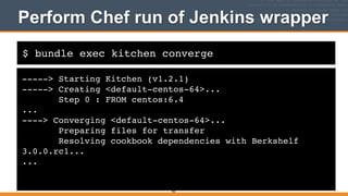 $ bundle exec kitchen converge
Perform Chef run of Jenkins wrapper
-----> Starting Kitchen (v1.2.1)!
-----> Creating <default-centos-64>...!
Step 0 : FROM centos:6.4!
...!
----> Converging <default-centos-64>...!
Preparing files for transfer!
Resolving cookbook dependencies with Berkshelf
3.0.0.rc1...!
...
402
 