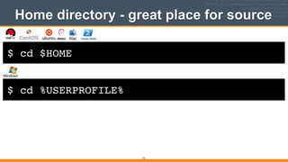 $ cd $HOME
Home directory - great place for source
74
$ cd %USERPROFILE%
 