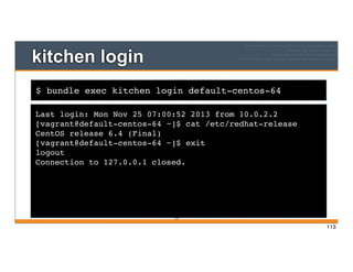 $ bundle exec kitchen login default-centos-64
kitchen login
Last login: Mon Nov 25 07:00:52 2013 from 10.0.2.2
[vagrant@default-centos-64 ~]$ cat /etc/redhat-release
CentOS release 6.4 (Final)
[vagrant@default-centos-64 ~]$ exit
logout
Connection to 127.0.0.1 closed.
113
113
 