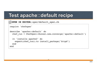 OPEN IN EDITOR: spec/default_spec.rb
require 'chefspec'
describe 'apache::default' do
chef_run = ChefSpec::Runner.new.converge('apache::default')
it 'installs apache2' do
expect(chef_run).to install_package('httpd')
end
end
Test apache::default recipe
310
310
 