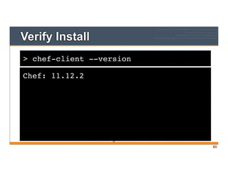 > chef-client --version
Verify Install
Chef: 11.12.2
60
60
 