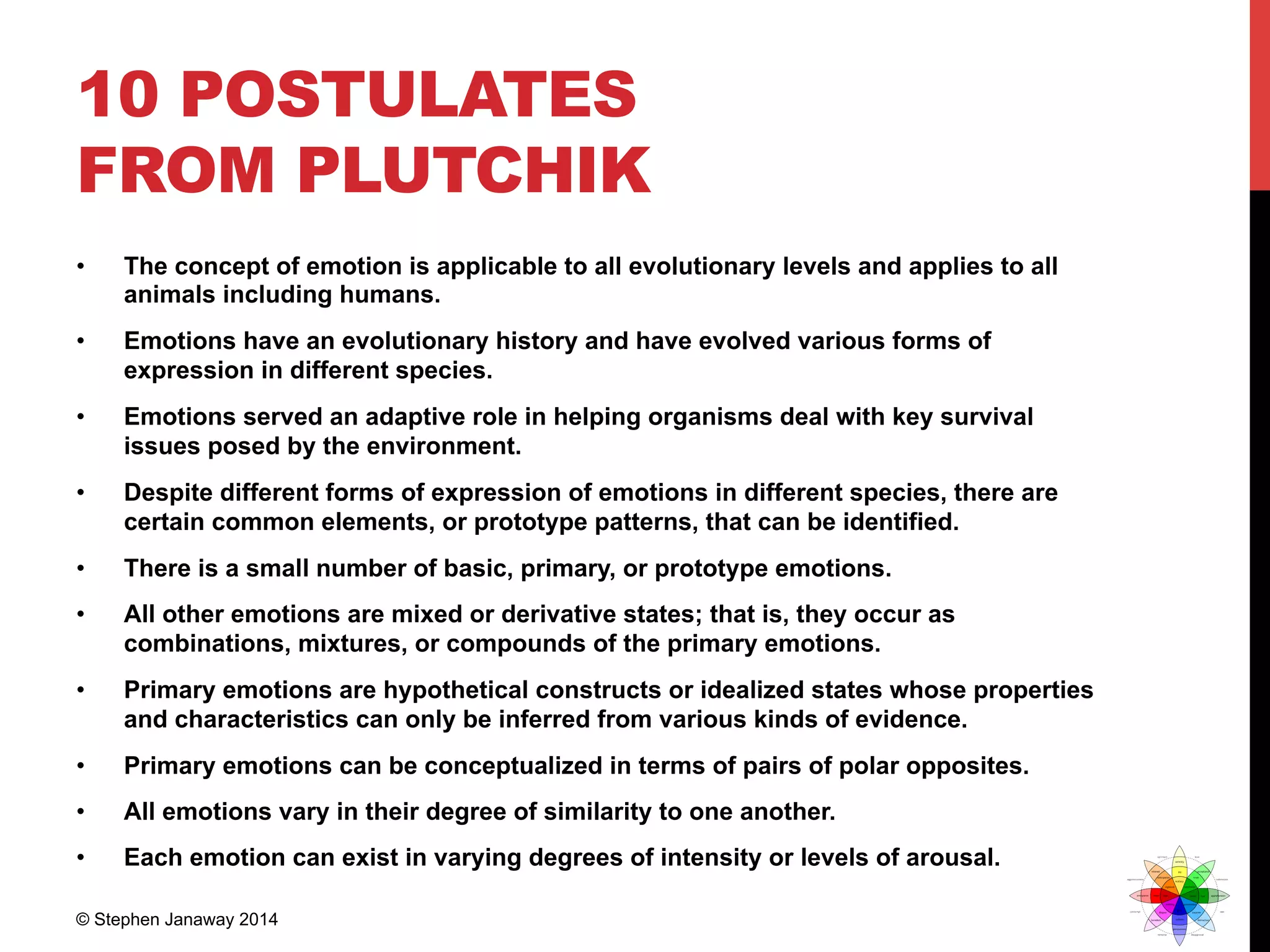 10 POSTULATES
FROM PLUTCHIK
•  The concept of emotion is applicable to all evolutionary levels and applies to all
animals including humans.
•  Emotions have an evolutionary history and have evolved various forms of
expression in different species.
•  Emotions served an adaptive role in helping organisms deal with key survival
issues posed by the environment.
•  Despite different forms of expression of emotions in different species, there are
certain common elements, or prototype patterns, that can be identified.
•  There is a small number of basic, primary, or prototype emotions.
•  All other emotions are mixed or derivative states; that is, they occur as
combinations, mixtures, or compounds of the primary emotions.
•  Primary emotions are hypothetical constructs or idealized states whose properties
and characteristics can only be inferred from various kinds of evidence.
•  Primary emotions can be conceptualized in terms of pairs of polar opposites.
•  All emotions vary in their degree of similarity to one another.
•  Each emotion can exist in varying degrees of intensity or levels of arousal.
© Stephen Janaway 2014
 