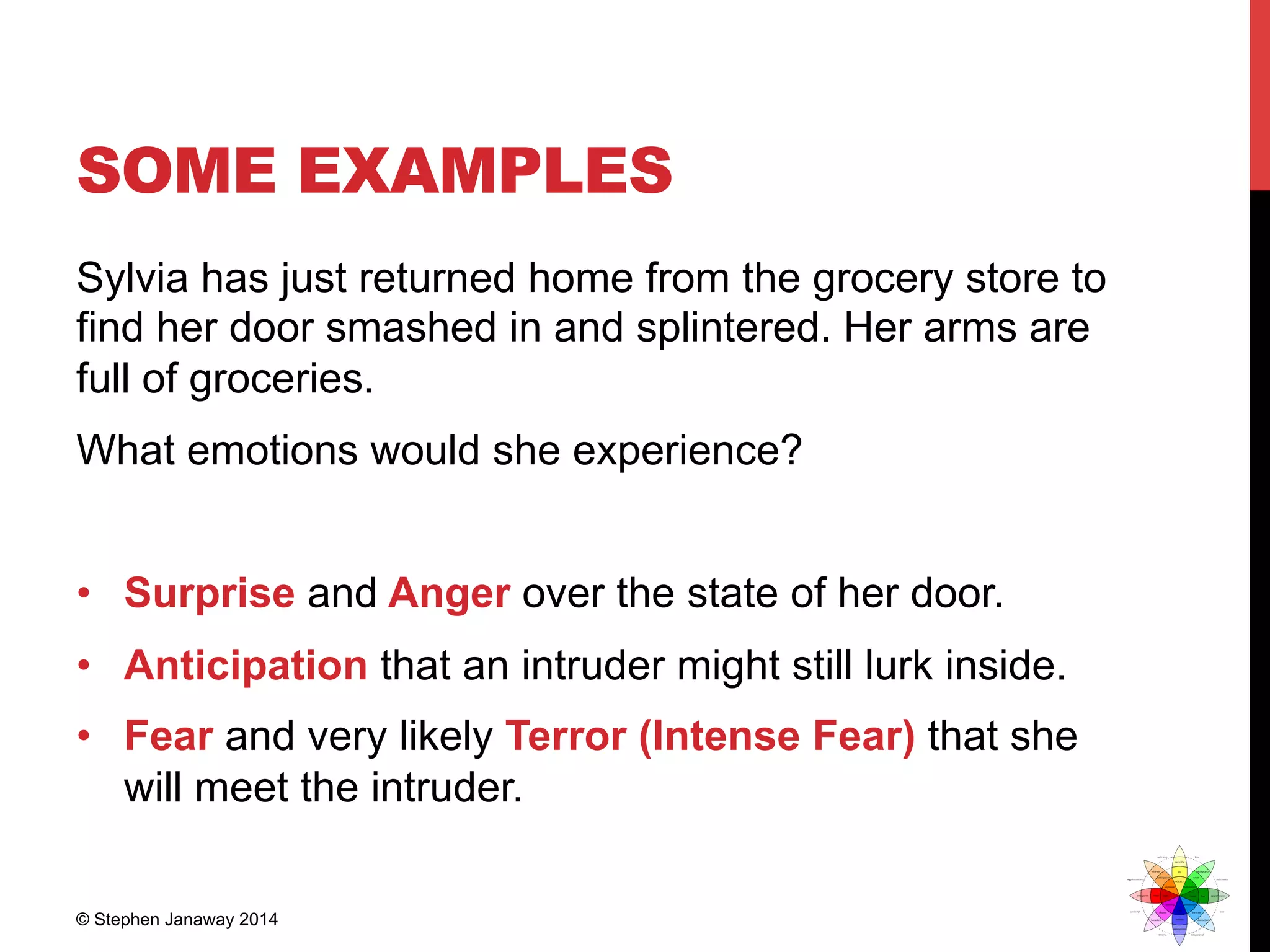 SOME EXAMPLES
Sylvia has just returned home from the grocery store to
find her door smashed in and splintered. Her arms are
full of groceries.
What emotions would she experience?
•  Surprise and Anger over the state of her door.
•  Anticipation that an intruder might still lurk inside.
•  Fear and very likely Terror (Intense Fear) that she
will meet the intruder.
© Stephen Janaway 2014
 