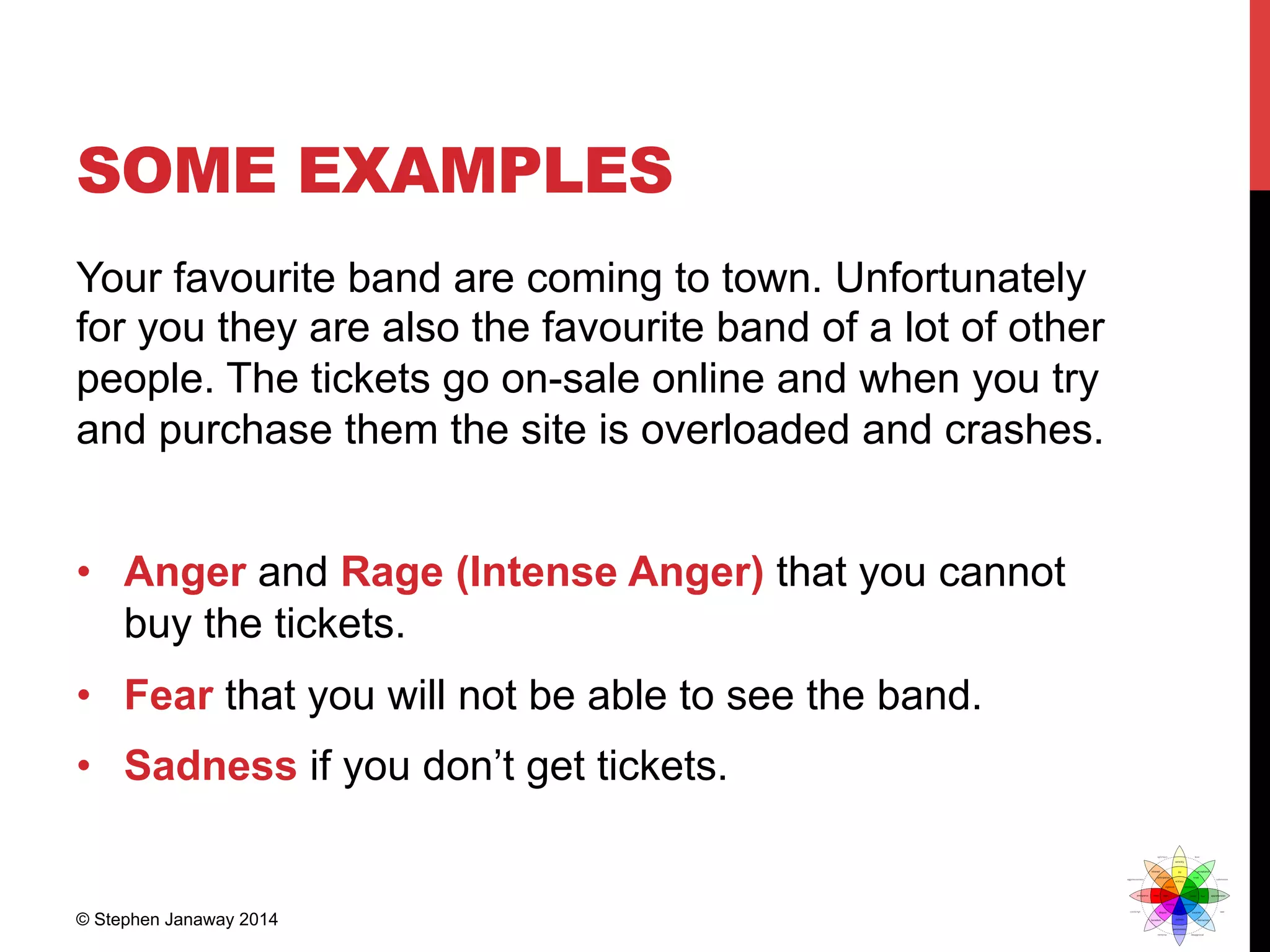 SOME EXAMPLES
Your favourite band are coming to town. Unfortunately
for you they are also the favourite band of a lot of other
people. The tickets go on-sale online and when you try
and purchase them the site is overloaded and crashes.
•  Anger and Rage (Intense Anger) that you cannot
buy the tickets.
•  Fear that you will not be able to see the band.
•  Sadness if you don’t get tickets.
© Stephen Janaway 2014
 