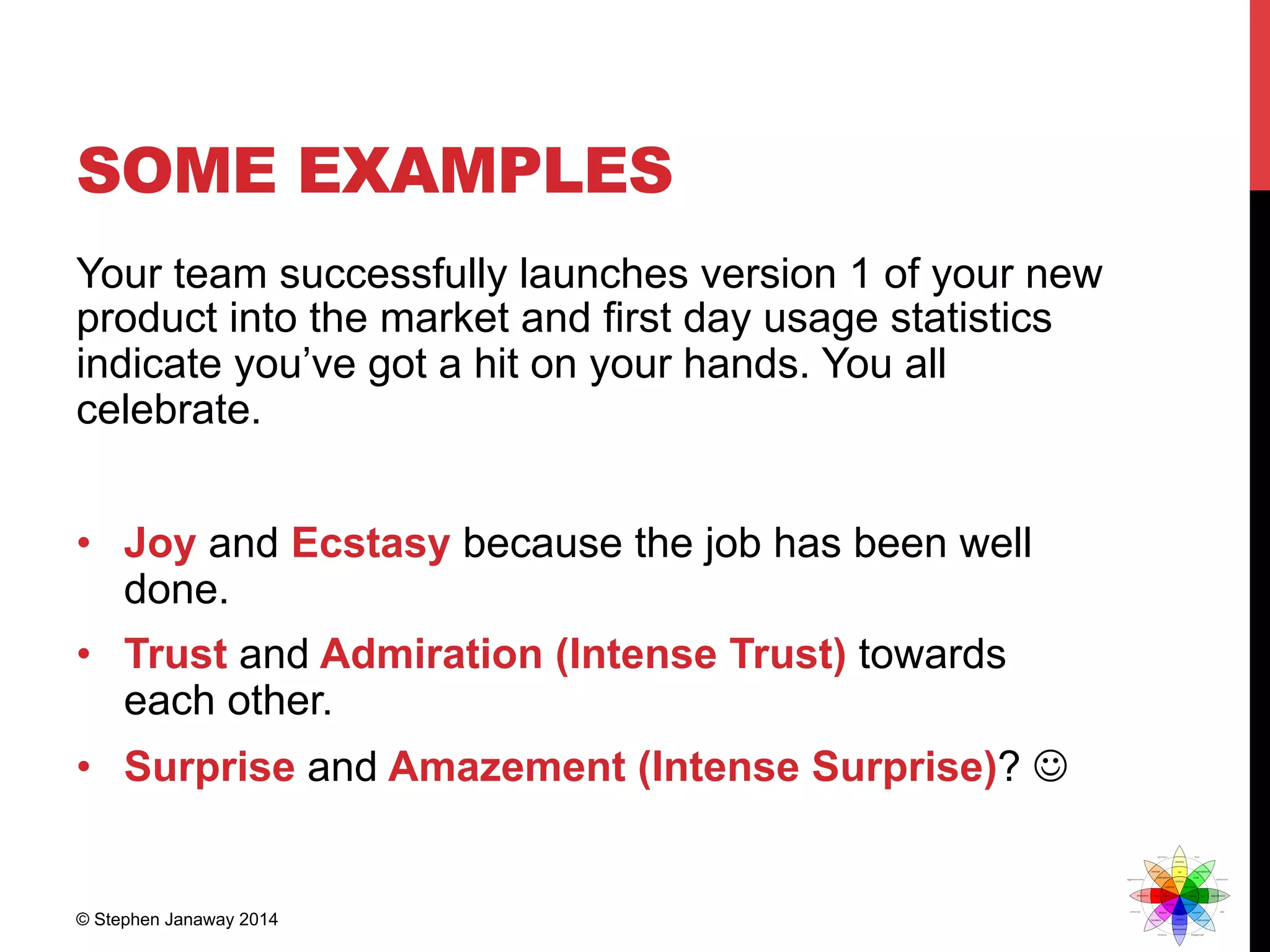 SOME EXAMPLES
Your team successfully launches version 1 of your new
product into the market and first day usage statistics
indicate you’ve got a hit on your hands. You all
celebrate.
•  Joy and Ecstasy because the job has been well
done.
•  Trust and Admiration (Intense Trust) towards
each other.
•  Surprise and Amazement (Intense Surprise)? J
© Stephen Janaway 2014
 