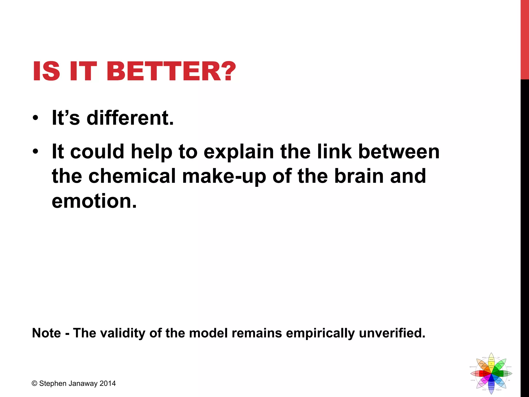 IS IT BETTER?
•  It’s different.
•  It could help to explain the link between
the chemical make-up of the brain and
emotion.
Note - The validity of the model remains empirically unverified.
© Stephen Janaway 2014
 