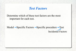 Test Factors
Determine which of these test factors are the most
important for each test.
Model Specific Factors Specific procedure Test
Incidental Factors
 