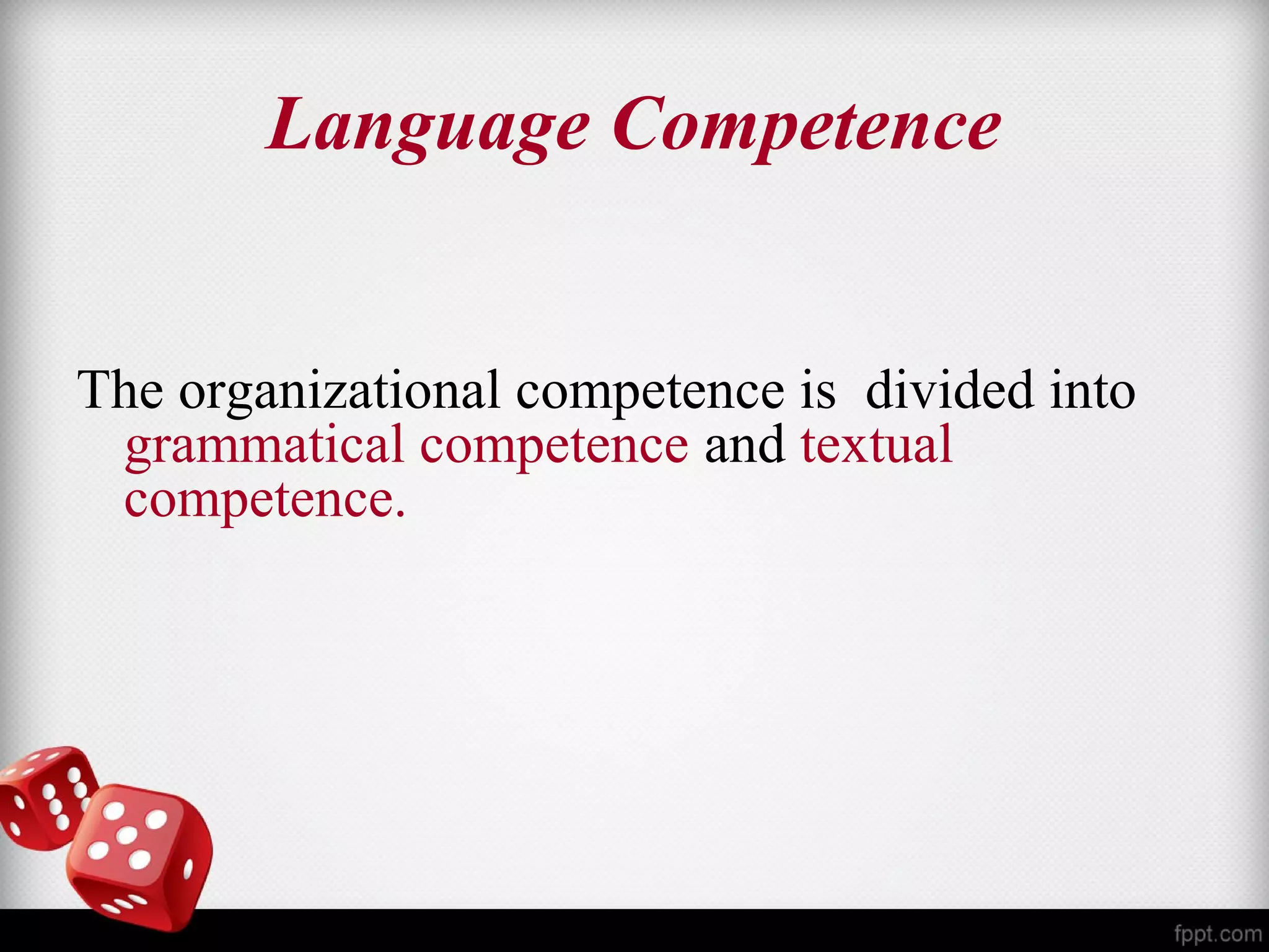 Language Competence 
The organizational competence is divided into 
grammatical competence and textual 
competence. 
 