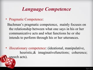 Language Competence 
• Pragmatic Competence: 
Bachman’s pragmatic competence, mainly focuses on 
the relationship between what one says in his or her 
communicative acts and what functions he or she 
intends to perform through his or her utterances. 
• illocutionary competence: (ideational, manipulative, 
heuristic,& imaginativefunctions; coherence; 
speech acts). 
 