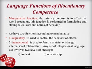 Language Functions of Illocutionary 
Competence 
• Manipulative function: the primary purpose is to affect the 
world around us. this function is performed in formulating and 
stating rules, laws and norms of behavior. 
• we have two functions according to manipulative: 
• 1- regulatory : is used to control the behavior of others. 
• 2- interactional : is used to form, maintain, or change 
interpersonal relationships. Any act of interpersonal language 
use involves two levels of message: 
a) context b) relationship 
 