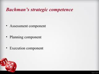 Bachman’s strategic competence 
• Assessment component 
• Planning component 
• Execution component 
 