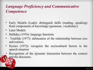 Language Proficiency and Communicative 
Competence 
• Early Models (Lado): distinguish skills (reading, speaking) 
from components of knowledge (grammar, vocabulary) 
• Later Models 
• Halliday (1976): language functions 
• VanDijk (1977): delineation of the relationship between text 
and context. 
• Hymes (1972): recognize the sociocultural factors in the 
speech situation 
• Recognition of the dynamic interaction between the context 
and the discourse. 
 