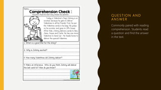 Q U E S T I O N A N D
A N S W E R
Commonly paired with reading
comprehension. Students read
a question and find the answer
in the text.
 