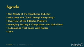 ®
3 | 3/12/2018 © Copyright 2006-2018 Inflectra Corporation
Agenda
 The Needs of the Healthcare Industry
 Why does the C...