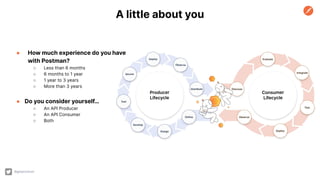 @getpostman
A little about you
● How much experience do you have
with Postman?
○ Less than 6 months
○ 6 months to 1 year
○ 1 year to 3 years
○ More than 3 years
● Do you consider yourself…
○ An API Producer
○ An API Consumer
○ Both
 