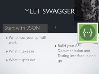 MEET SWAGGER

Start with JSON             ‣

‣ Write how your api will
 work
                            ‣ Build your API,...