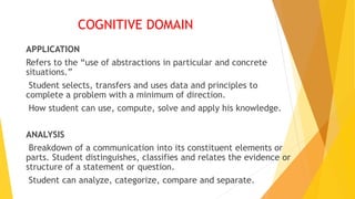 COGNITIVE DOMAIN
APPLICATION
Refers to the “use of abstractions in particular and concrete
situations.”
Student selects, transfers and uses data and principles to
complete a problem with a minimum of direction.
How student can use, compute, solve and apply his knowledge.
ANALYSIS
Breakdown of a communication into its constituent elements or
parts. Student distinguishes, classifies and relates the evidence or
structure of a statement or question.
Student can analyze, categorize, compare and separate.
 