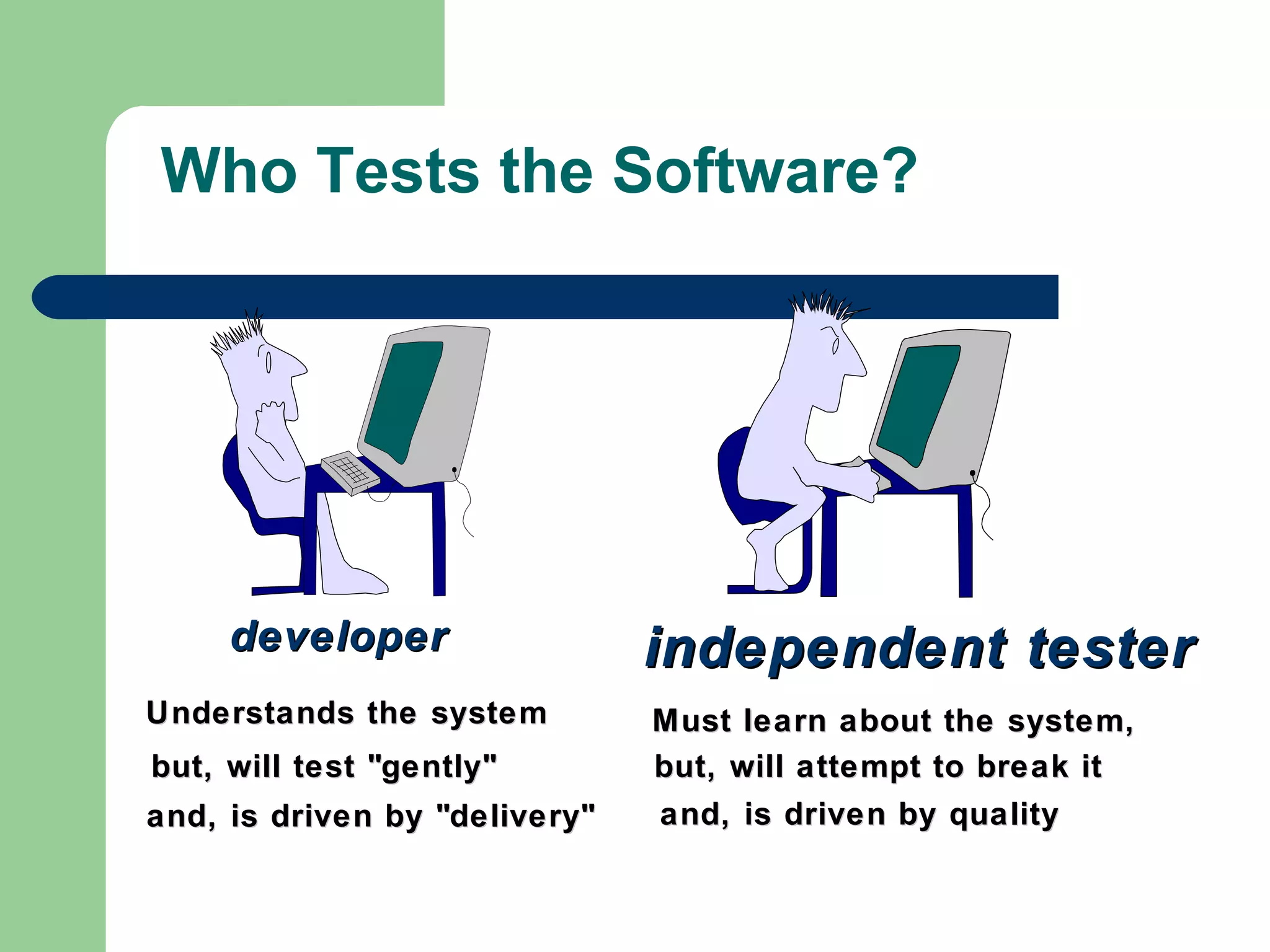 Who Tests the Software? developer independent tester Understands the system  but, will test &quot;gently&quot; and, is driven by &quot;delivery&quot; Must learn about the system, but, will attempt to break it and, is driven by quality 