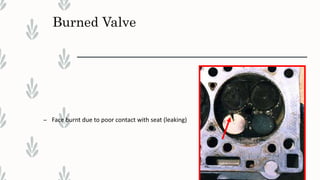 Burned Valve
– Face burnt due to poor contact with seat (leaking)
 