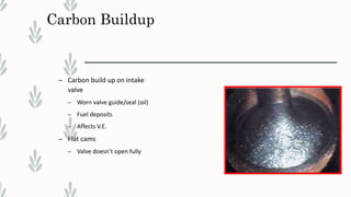 Carbon Buildup
– Carbon build up on intake
valve
– Worn valve guide/seal (oil)
– Fuel deposits
– Affects V.E.
– Flat cams
– Valve doesn’t open fully
 
