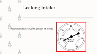 Leaking Intake
– Needle oscillates slowly, drifts between 3 & 9 in Hg.
 