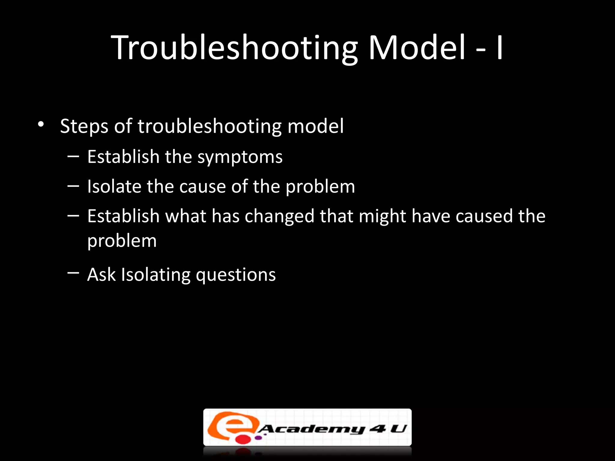 Troubleshooting Model - I
• Steps of troubleshooting model
   – Establish the symptoms
   – Isolate the cause of the problem
   – Establish what has changed that might have caused the
     problem
   – Ask Isolating questions
 