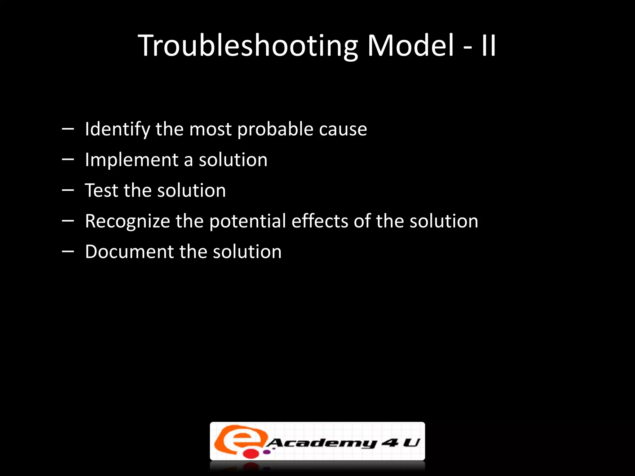 Troubleshooting Model - II

–   Identify the most probable cause
–   Implement a solution
–   Test the solution
–   Recognize the potential effects of the solution
–   Document the solution
 