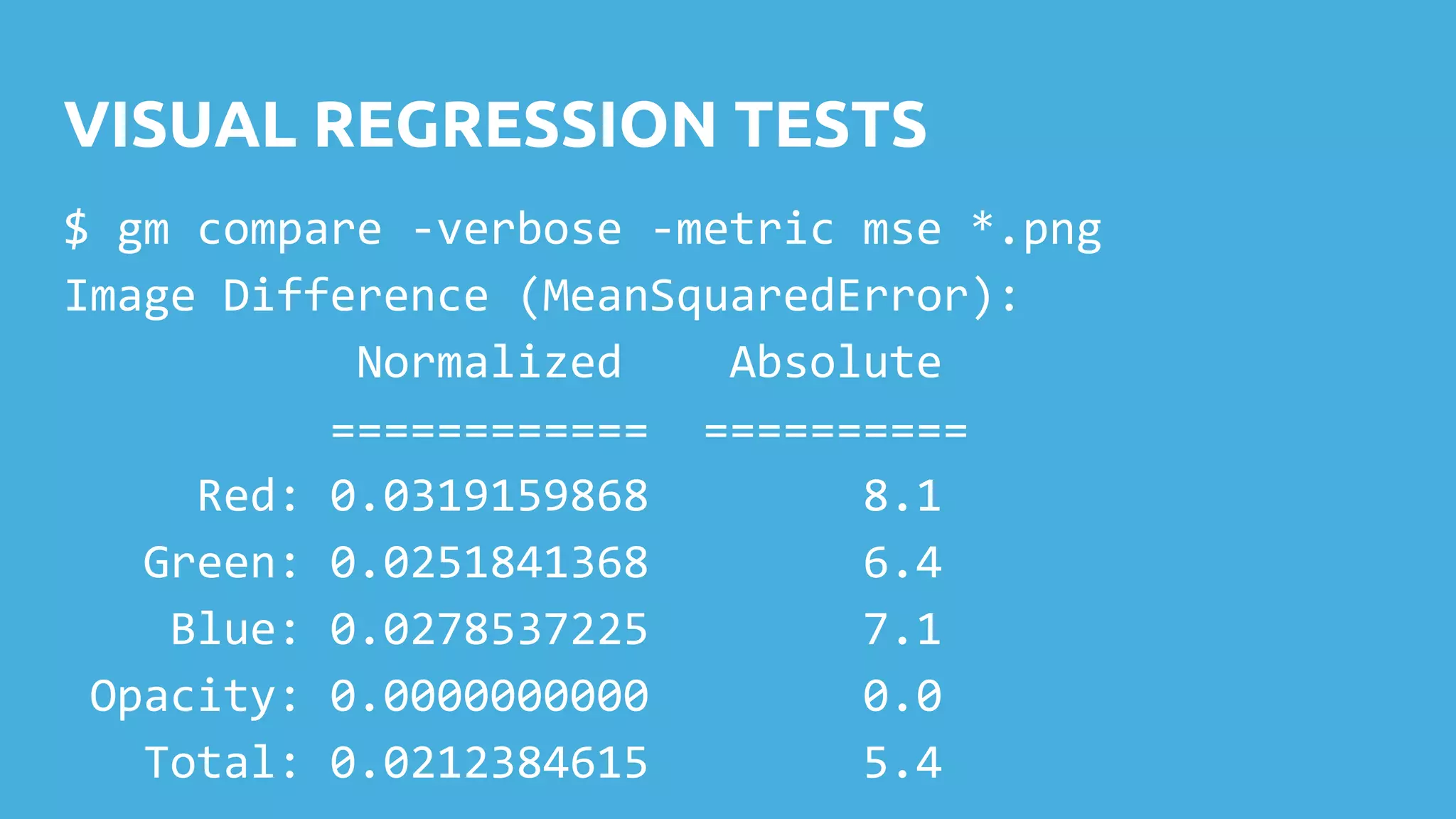 VISUAL REGRESSION TESTS $ gm compare -verbose -metric mse *.png Image Difference (MeanSquaredError): Normalized Absolute ============ ========== Red: 0.0319159868 8.1 Green: 0.0251841368 6.4 Blue: 0.0278537225 7.1 Opacity: 0.0000000000 0.0 Total: 0.0212384615 5.4 