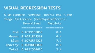VISUAL REGRESSION TESTS
$ gm compare -verbose -metric mse *.png
Image Difference (MeanSquaredError):
Normalized Absolute
============ ==========
Red: 0.0319159868 8.1
Green: 0.0251841368 6.4
Blue: 0.0278537225 7.1
Opacity: 0.0000000000 0.0
Total: 0.0212384615 5.4
 