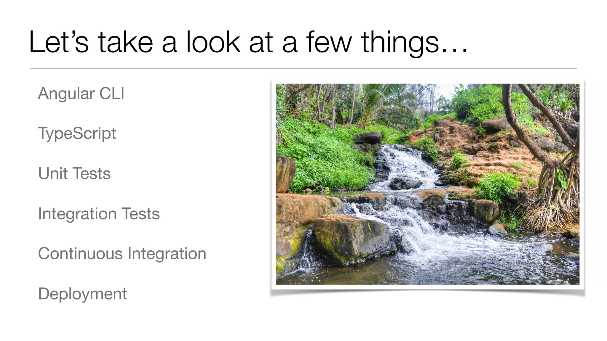 Let’s take a look at a few things… Angular CLI TypeScript Unit Tests Integration Tests Continuous Integration Deployment 