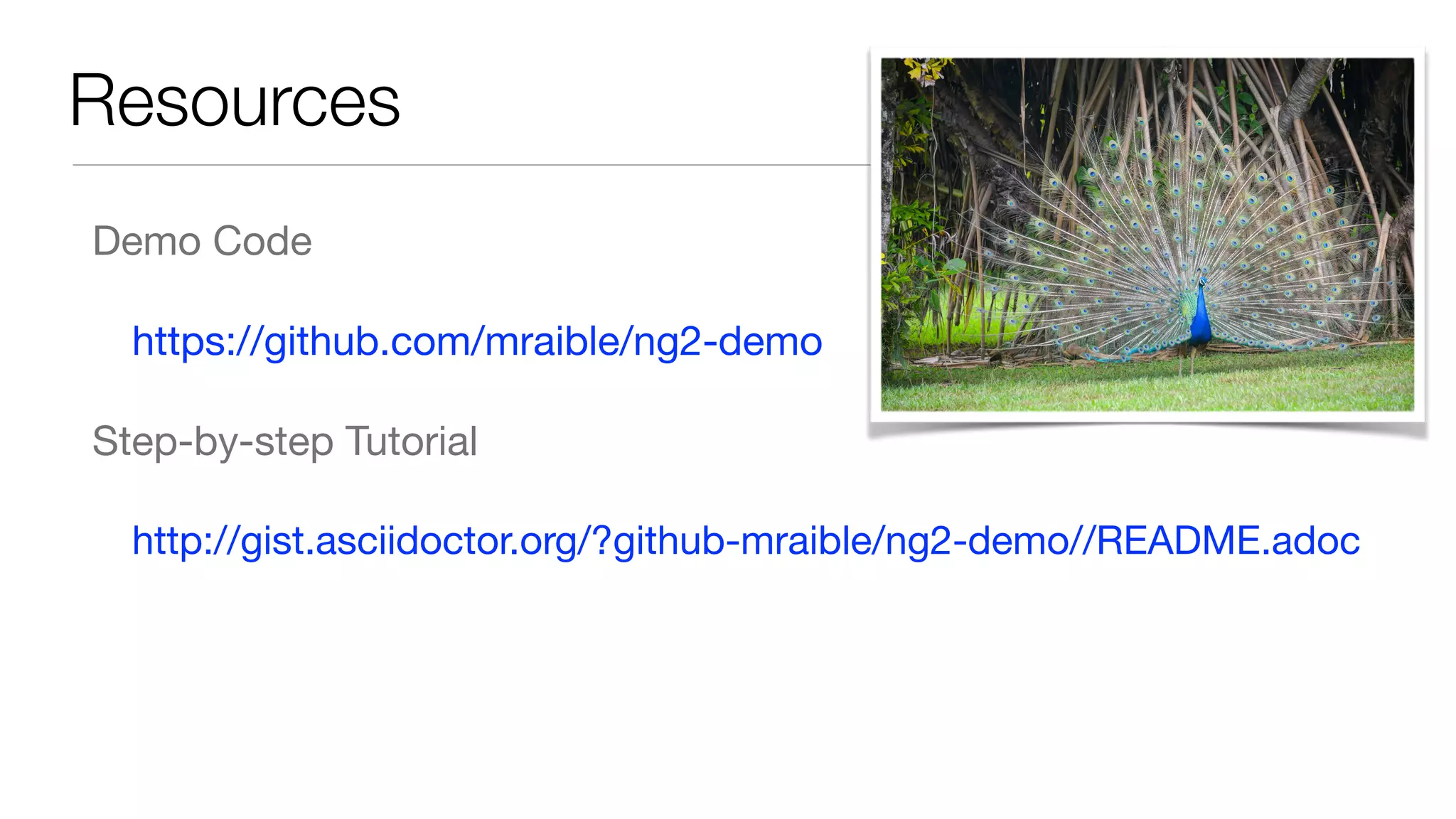 Resources Demo Code https://github.com/mraible/ng2-demo Step-by-step Tutorial http://gist.asciidoctor.org/?github-mraible/ng2-demo//README.adoc 