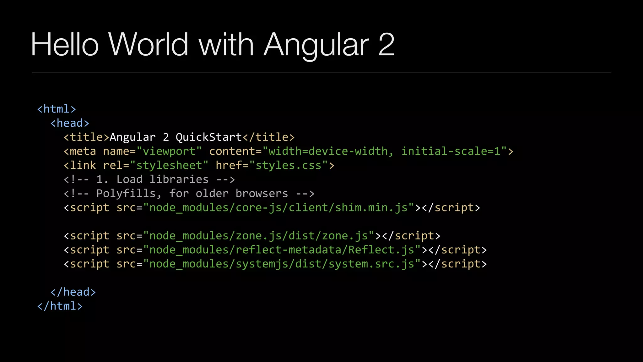 Hello World with Angular 2 <html> <head> <title>Angular 2 QuickStart</title> <meta name="viewport" content="width=device-width, initial-scale=1"> <link rel="stylesheet" href="styles.css"> <!-- 1. Load libraries --> <!-- Polyfills, for older browsers --> <script src="node_modules/core-js/client/shim.min.js"></script> <script src="node_modules/zone.js/dist/zone.js"></script> <script src="node_modules/reflect-metadata/Reflect.js"></script> <script src="node_modules/systemjs/dist/system.src.js"></script> </head> </html> 