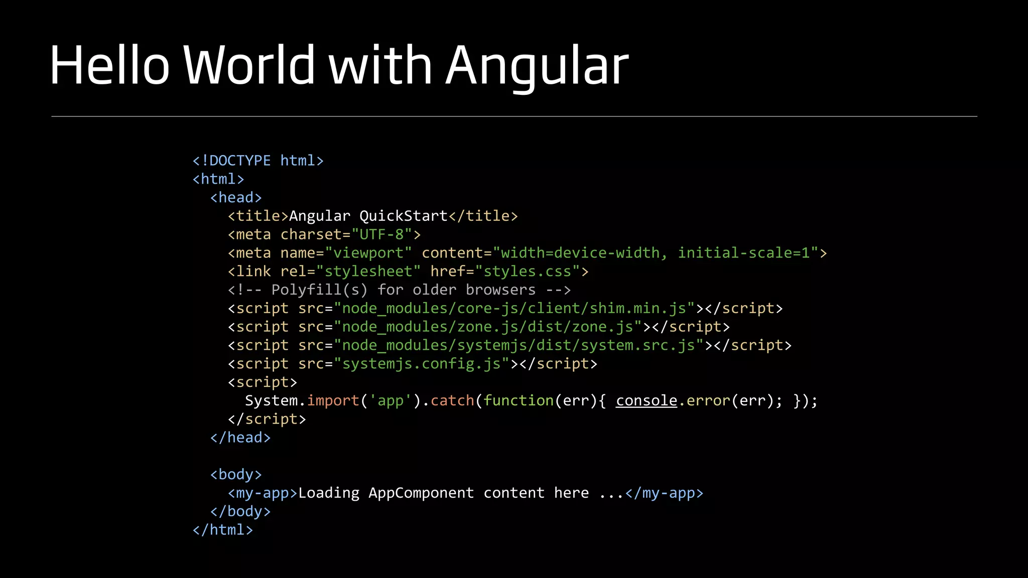 Hello World with Angular
<!DOCTYPE html>
<html>
<head>
<title>Angular QuickStart</title>
<meta charset="UTF-8">
<meta name="viewport" content="width=device-width, initial-scale=1">
<link rel="stylesheet" href="styles.css">
<!-- Polyfill(s) for older browsers -->
<script src="node_modules/core-js/client/shim.min.js"></script>
<script src="node_modules/zone.js/dist/zone.js"></script>
<script src="node_modules/systemjs/dist/system.src.js"></script>
<script src="systemjs.config.js"></script>
<script>
System.import('app').catch(function(err){ console.error(err); });
</script>
</head>
<body>
<my-app>Loading AppComponent content here ...</my-app>
</body>
</html>
 