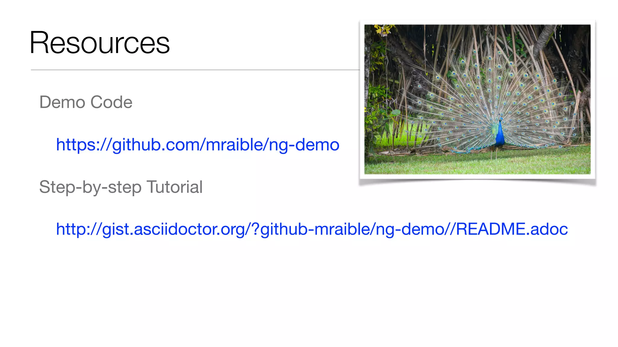 Resources
Demo Code

https://github.com/mraible/ng-demo 

Step-by-step Tutorial

http://gist.asciidoctor.org/?github-mraible/ng-demo//README.adoc
 