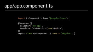 app/app.component.ts
import { Component } from '@angular/core';
@Component({
selector: 'my-app',
template: `<h1>Hello {{name}}</h1>`,
})
export class AppComponent { name = 'Angular'; }
 