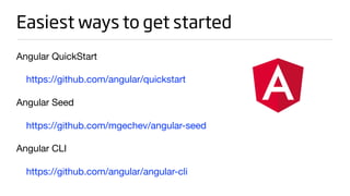 Easiest ways to get started
Angular QuickStart

https://github.com/angular/quickstart 

Angular Seed

https://github.com/mgechev/angular-seed 

Angular CLI

https://github.com/angular/angular-cli
 